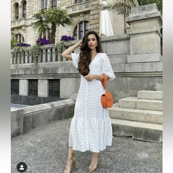 Zara White/Cream Puff Sleeves Textured Midi Dress Size S - Picture 7 of 8
